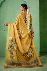 Sandy Brown Tussar Silk Floral Print Saree-4470
